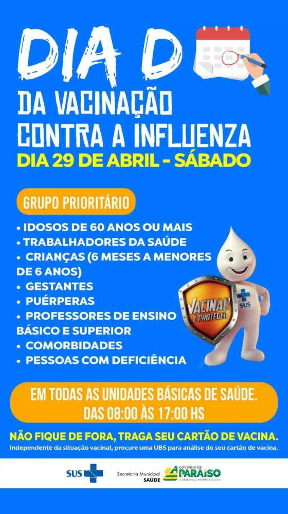 Dia D da Vacinação contra a influenza é realizado neste sábado, 29 em Paraíso