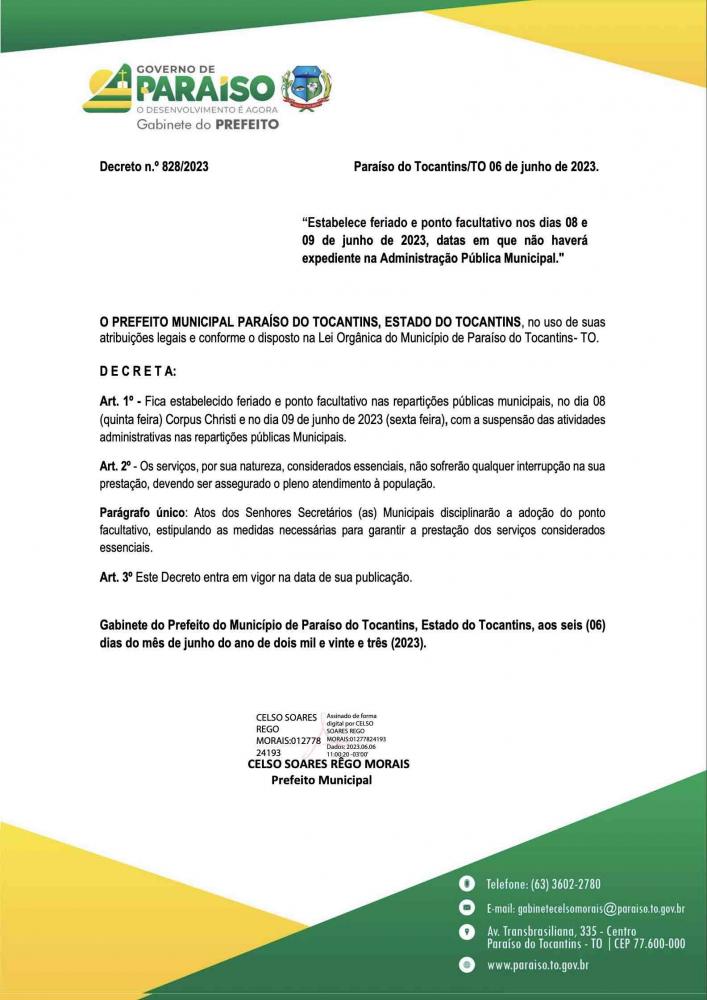 Prefeitura de Paraíso decreta feriado e ponto facultativo na quinta e sexta feira 